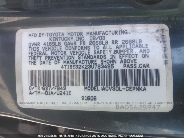 4T1BE32K23U783485 - 2003 TOYOTA CAMRY LE/XLE/SE მწვანე ფოტო 9