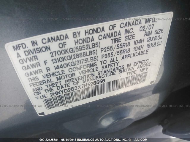2HNYD283X7H526556 - 2007 ACURA MDX TECHNOLOGY BLUE photo 9