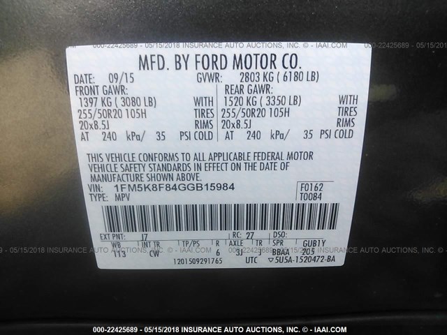 1FM5K8F84GGB15984 - 2016 FORD EXPLORER LIMITED Boz foto 9