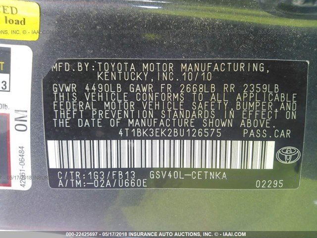 4T1BK3EK2BU126575 - 2011 TOYOTA CAMRY SE/LE/XLE 灰色 照片 9