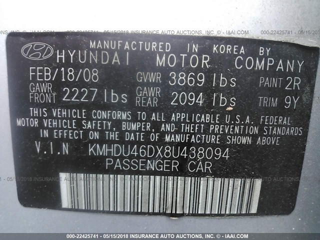 KMHDU46DX8U438094 - 2008 HYUNDAI ELANTRA GLS/SE/LIMITED SILVER photo 9