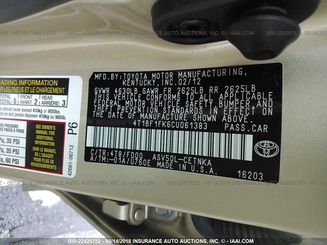 4T1BF1FK6CU061383 - 2012 TOYOTA CAMRY SE/LE/XLE GOLD photo 9