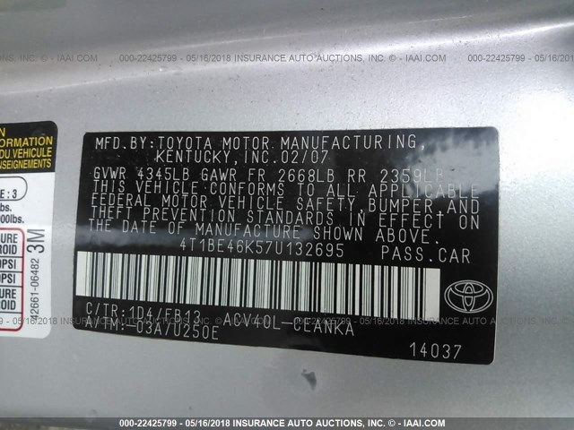 4T1BE46K57U132695 - 2007 TOYOTA CAMRY NEW GENERAT CE/LE/XLE/SE SILVER photo 9