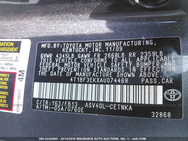 4T1BF3EKXAU074468 - 2010 TOYOTA CAMRY SE/LE/XLE ნაცრისფერი ფოტო 9