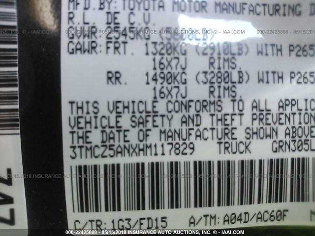 3TMCZ5ANXHM117829 - 2017 TOYOTA TACOMA DBL CAB/SR/TRDSPT/OR/PRO ნაცრისფერი ფოტო 9