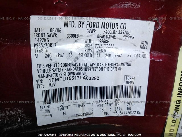 1FMFU15517LA03292 - 2007 FORD EXPEDITION XLT RED photo 9