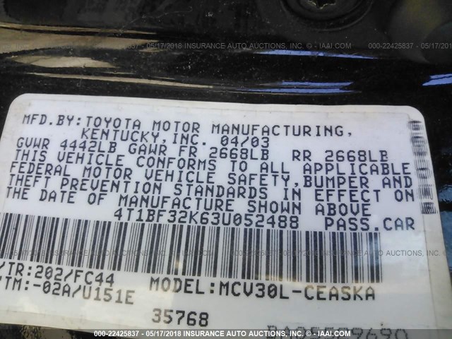 4T1BF32K63U052488 - 2003 TOYOTA CAMRY LE/XLE/SE 黑色 照片 9