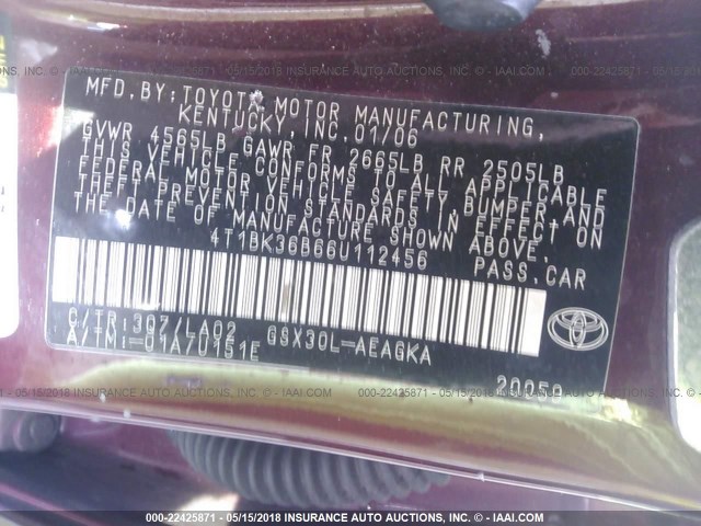 4T1BK36B66U112456 - 2006 TOYOTA AVALON XL/XLS/TOURING/LIMITED BURGUNDY photo 9