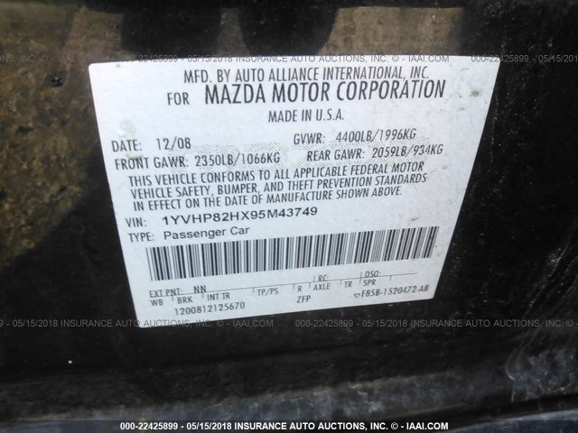 1YVHP82HX95M43749 - 2009 MAZDA 6 I Қара фото 9