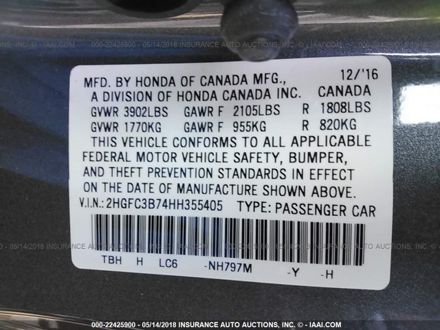 2HGFC3B74HH355405 - 2017 HONDA CIVIC EXL GRAY photo 9