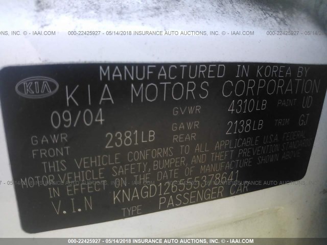 KNAGD126555378641 - 2005 KIA OPTIMA LX/EX WHITE photo 9