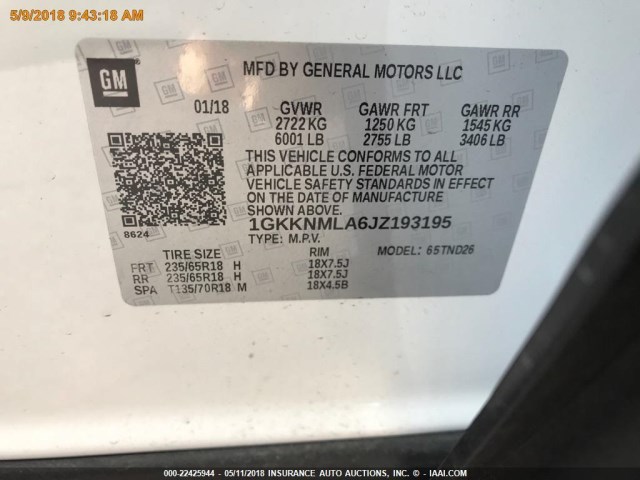 1GKKNMLA6JZ193195 - 2018 GMC ACADIA SLT-1 Biały zdjęcie 16