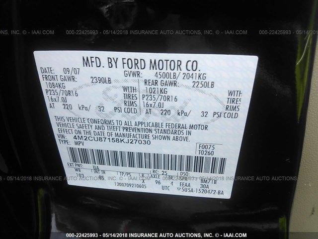 4M2CU87158KJ27030 - 2008 MERCURY MARINER PREMIER BLACK photo 9