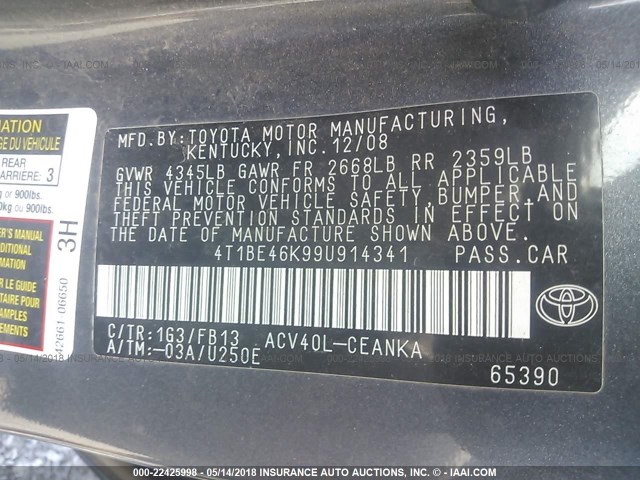4T1BE46K99U914341 - 2009 TOYOTA CAMRY SE/LE/XLE 灰色 照片 9