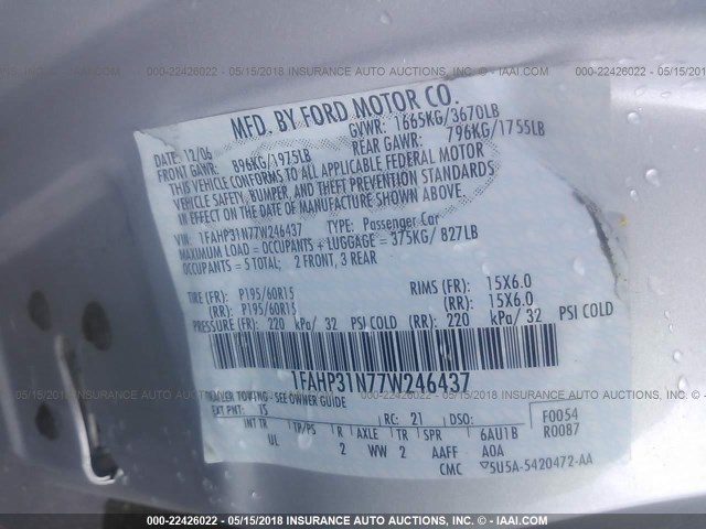 1FAHP31N77W246437 - 2007 FORD FOCUS ZX3/S/SE/SES SILVER photo 9