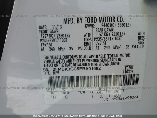 2FMDK3GC5EBA01692 - 2014 FORD EDGE SE 白色 照片 9