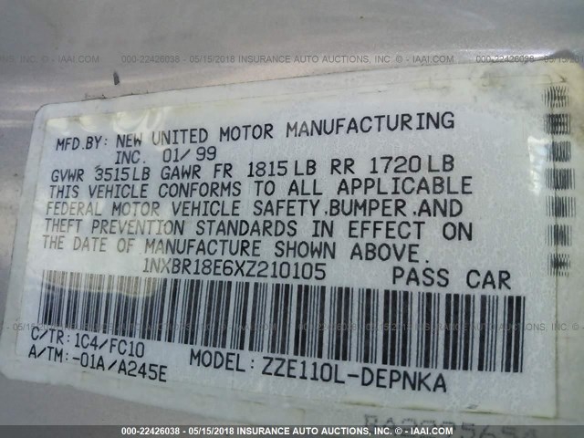 1NXBR18E6XZ210105 - 1999 TOYOTA COROLLA VE/CE/LE 银色 照片 9