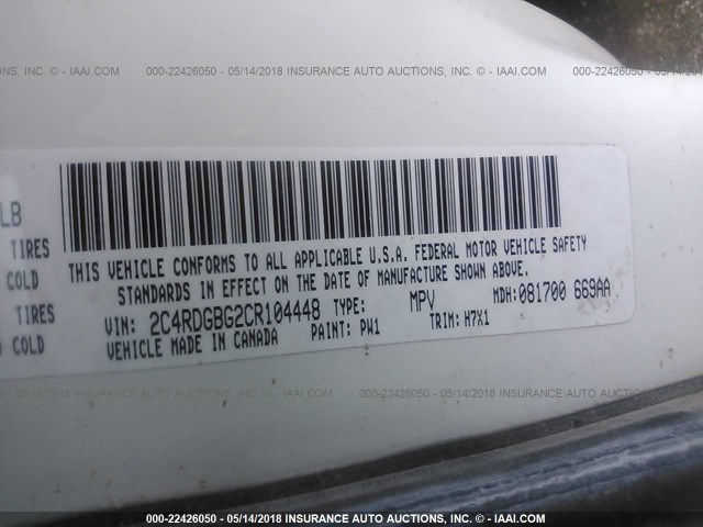 2C4RDGBG2CR104448 - 2012 DODGE GRAND CARAVAN SE WHITE photo 9