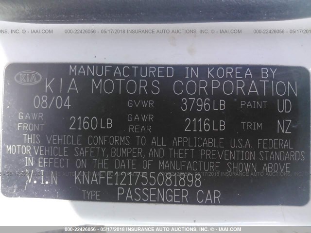 KNAFE121755081898 - 2005 KIA NEW SPECTRA LX/EX WHITE photo 9