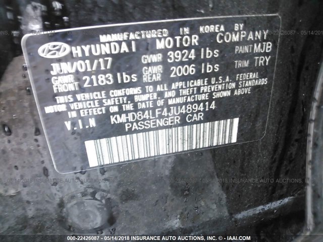 KMHD84LF4JU489414 - 2018 HYUNDAI ELANTRA SEL/VALUE/LIMITED BLACK photo 9