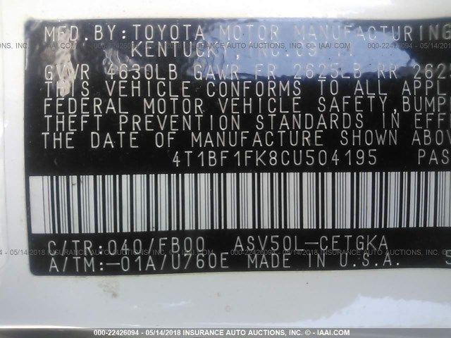 4T1BF1FK8CU504195 - 2012 TOYOTA CAMRY SE/LE/XLE 白色 照片 9