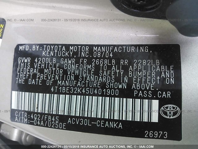 4T1BE32K45U401900 - 2005 TOYOTA CAMRY LE/XLE/SE ბეჟი ფოტო 9