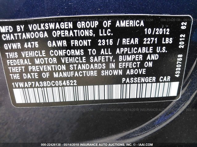 1VWAP7A38DC054522 - 2013 VOLKSWAGEN PASSAT S BLUE photo 9