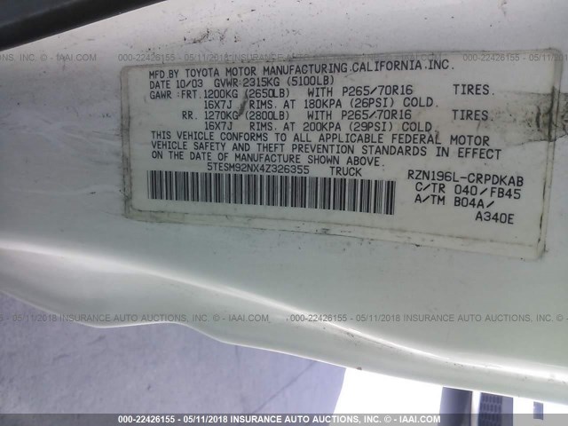 5TESM92NX4Z326355 - 2004 TOYOTA TACOMA XTRACAB PRERUNNER ტურკოუსი ფოტო 9