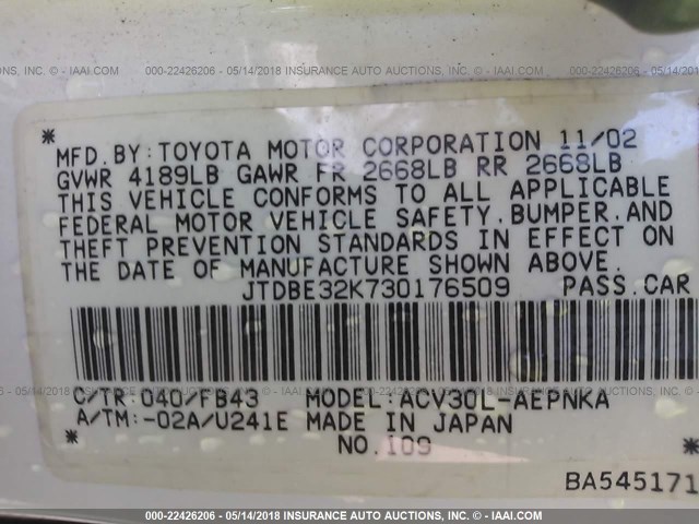JTDBE32K730176509 - 2003 TOYOTA CAMRY LE/XLE Սպիտակ լուսանկար 9