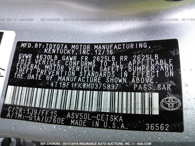 4T1BF1FK8HU375897 - 2017 TOYOTA CAMRY LE/XLE/SE/XSE SILVER photo 9