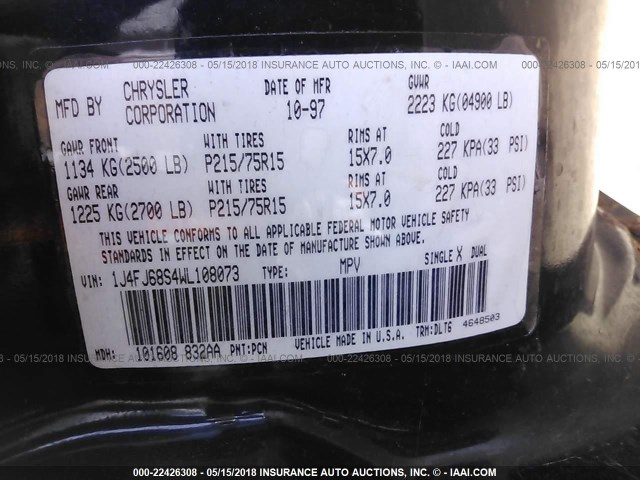 1J4FJ68S4WL108073 - 1998 JEEP CHEROKEE SPORT/CLASSIC ლურჯი ფოტო 9