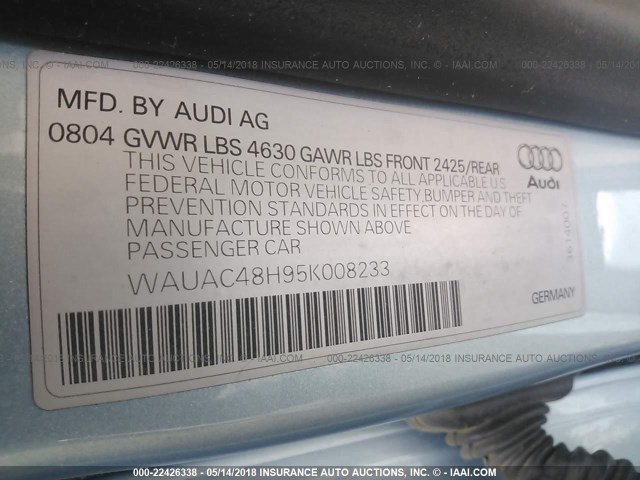 WAUAC48H95K008233 - 2005 AUDI A4 1.8 CABRIOLET Light Blue photo 9