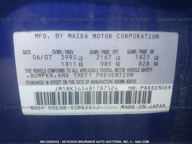 JM1BK343481787324 - 2008 MAZDA 3 HATCHBACK BLUE photo 9