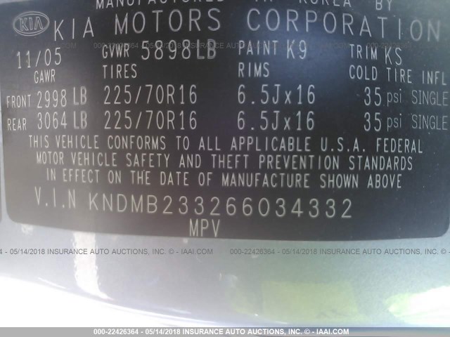 KNDMB233266034332 - 2006 KIA SEDONA EX/LX BLUE photo 9