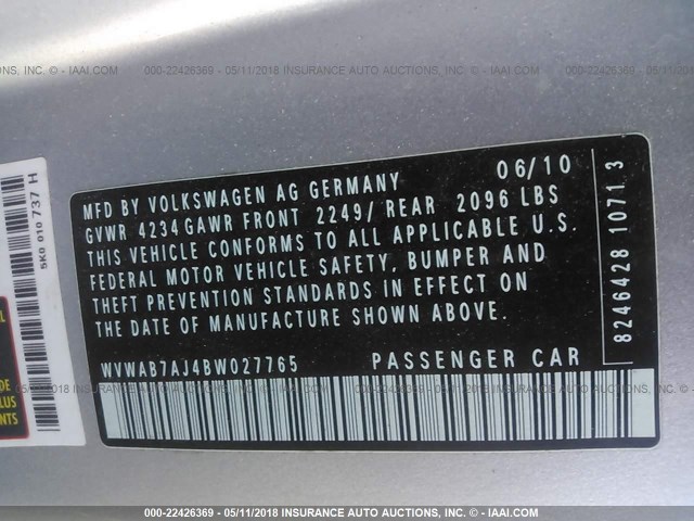 WVWAB7AJ4BW027765 - 2011 VOLKSWAGEN GOLF 银色 照片 9