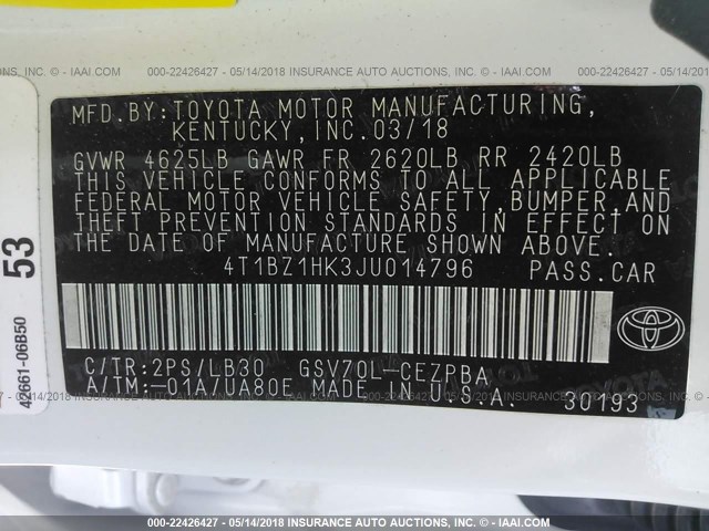 4T1BZ1HK3JU014796 - 2018 TOYOTA CAMRY XSE/XLE Ağ foto 9