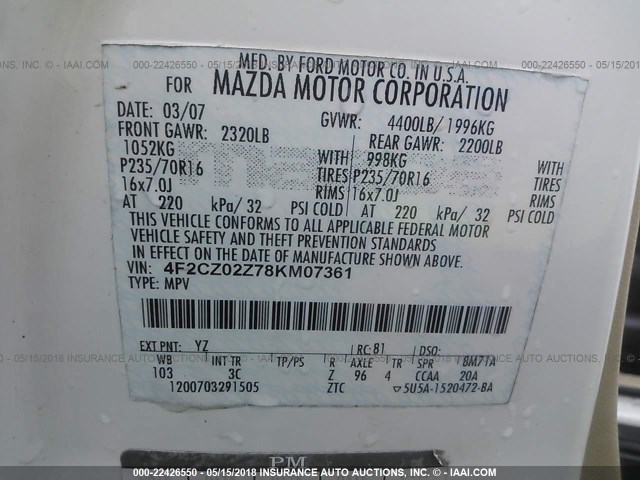 4F2CZ02Z78KM07361 - 2008 MAZDA TRIBUTE I WHITE photo 9