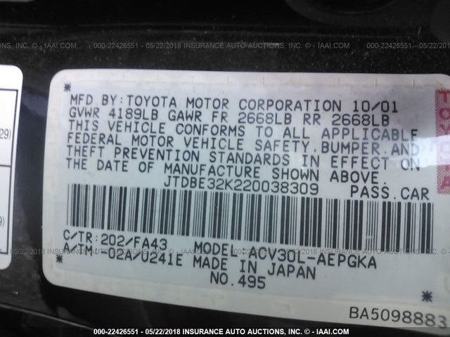 JTDBE32K220038309 - 2002 TOYOTA CAMRY LE/XLE/SE BLACK photo 9