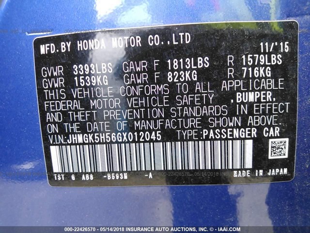 JHMGK5H56GX012045 - 2016 HONDA FIT LX BLUE photo 9