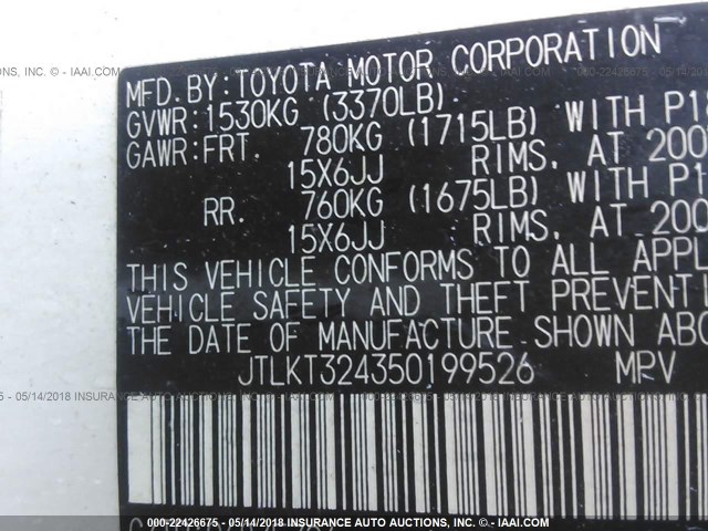 JTLKT324350199526 - 2005 TOYOTA SCION XB WHITE photo 9