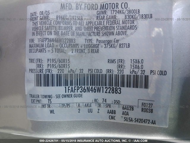 1FAFP36N46W122883 - 2006 FORD FOCUS ZXW SILVER photo 9