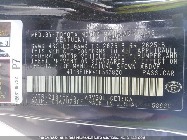 4T1BF1FK4GU567820 - 2016 TOYOTA CAMRY LE/XLE/SE/XSE BLACK photo 9