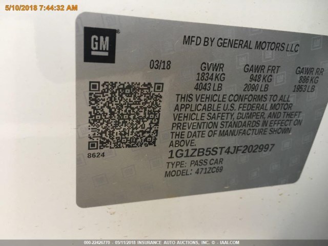 1G1ZB5ST4JF202997 - 2018 CHEVROLET MALIBU LS WHITE photo 17