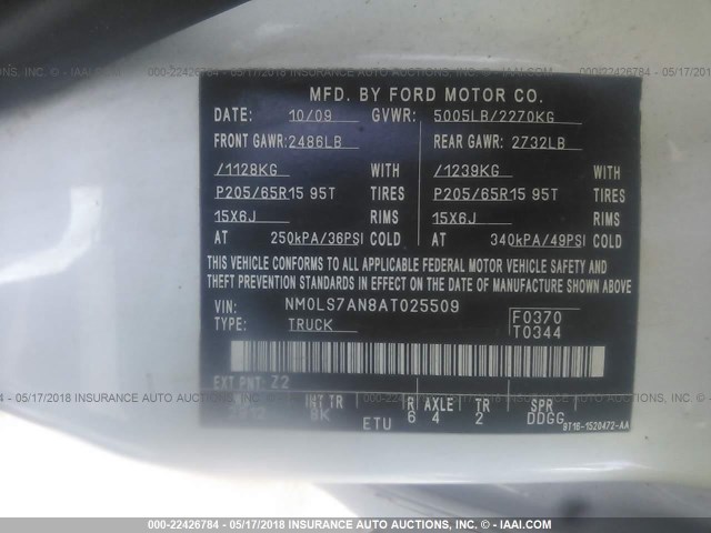 NM0LS7AN8AT025509 - 2010 FORD TRANSIT CONNECT XL WHITE photo 9