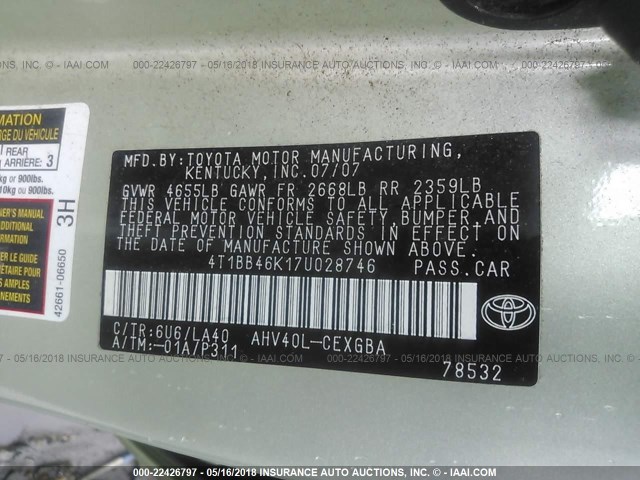 4T1BB46K17U028746 - 2007 TOYOTA CAMRY NEW GENERAT HYBRID GREEN photo 9