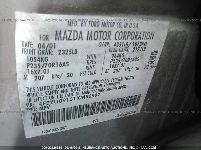 4F2YU09131KM56597 - 2001 MAZDA TRIBUTE LX/ES 棕色 照片 9