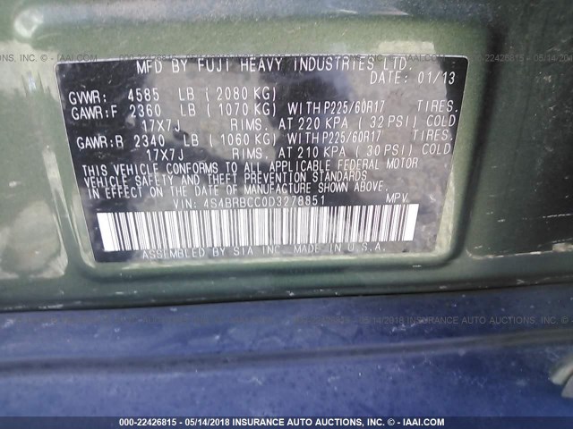 4S4BRBCC0D3278851 - 2013 SUBARU OUTBACK 2.5I PREMIUM GREEN photo 9