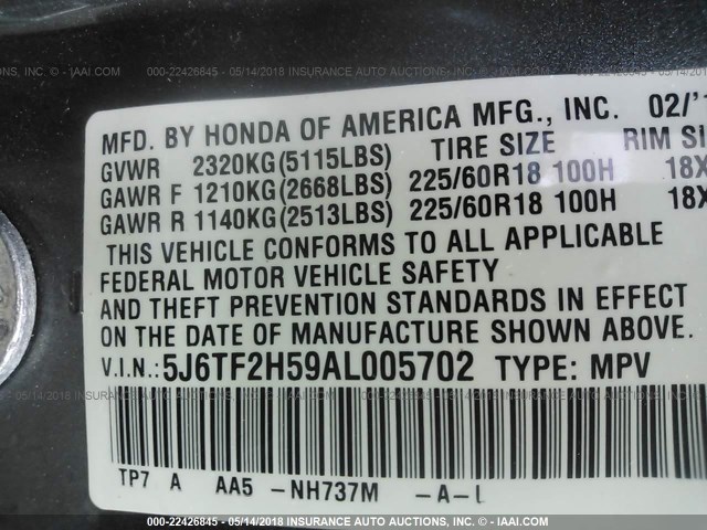 5J6TF2H59AL005702 - 2010 HONDA ACCORD CROSSTOUR EXL GRAY photo 9