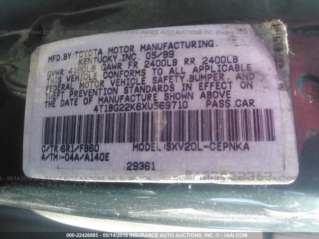 4T1BG22K6XU569710 - 1999 TOYOTA CAMRY CE/LE/XLE 绿色 照片 9