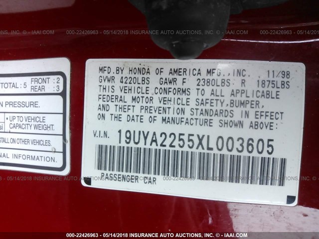 19UYA2255XL003605 - 1999 ACURA 3.0CL RED photo 9